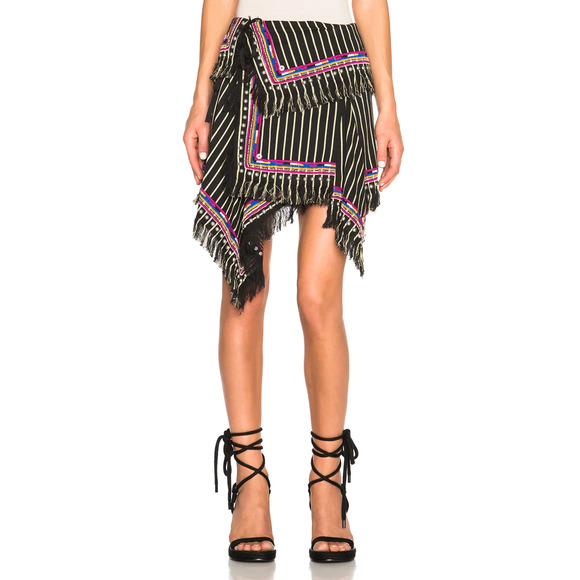 Isabel Marant Raffi Embroidered Striped Stud Mini Wrap Skirt Black 38 FR / US 6
